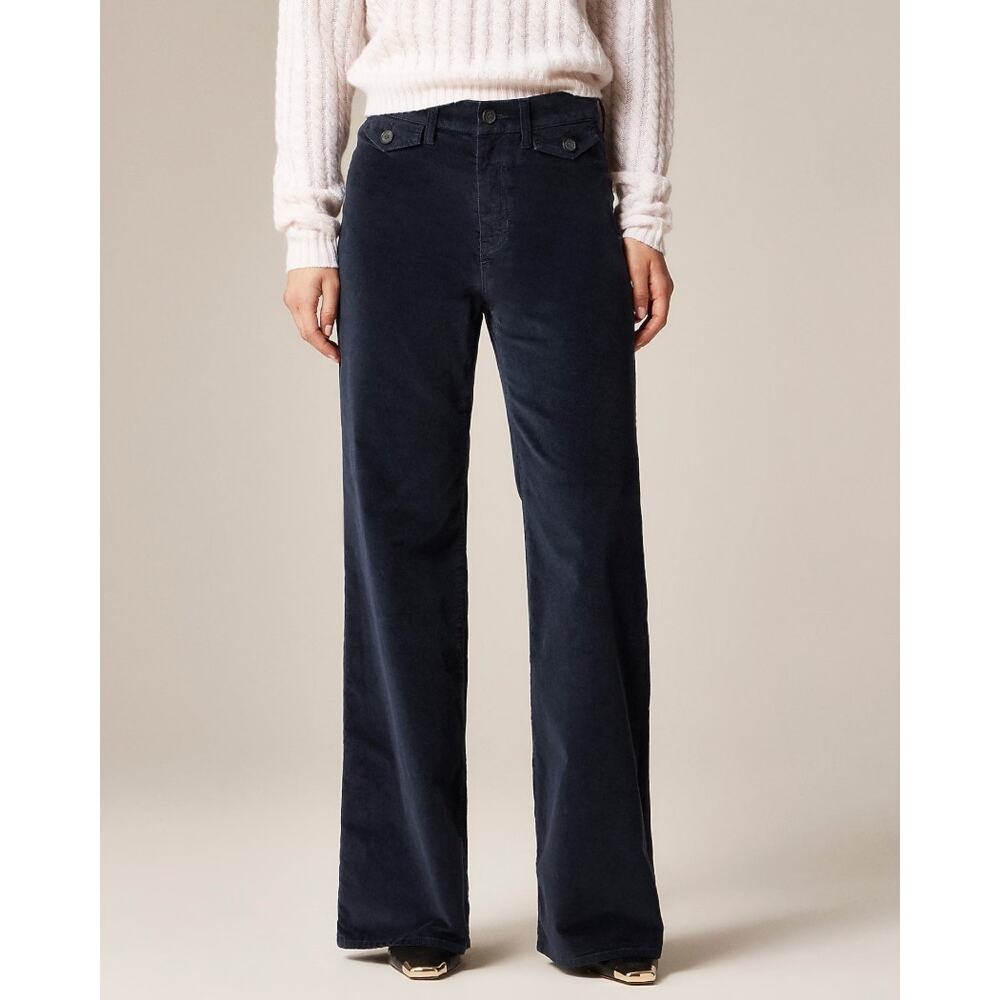 NWT J. Crew Wide Leg Trouser Washed Velvet Navy Retro Womens Size 30P Petite